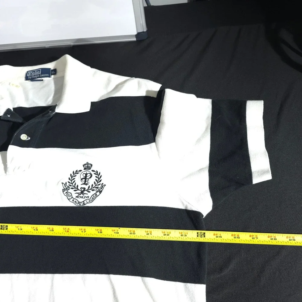 Polo Ralph Lauren Shirt Mens L Black White Striped Crest Logo‎ Short Sleeve Pony